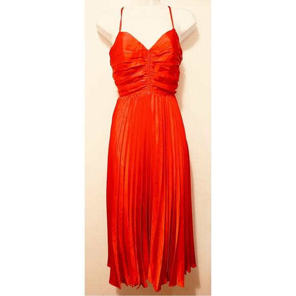 Adelyn Rae Pleated Skirt Ruched Bodice Satin Midi Dress Orange Small NWT - Picture 2 of 6